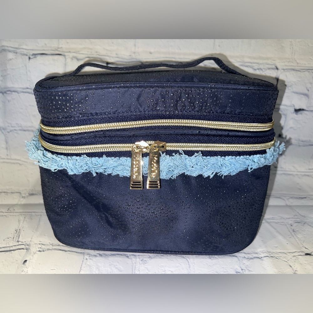 Modella Blue Cosmetic Bag with Structured Design and Gold Accents